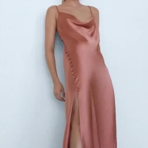 Zara Dusty Pink Elegant Satin Slip Dress with Button high Slit - Picture 1 of 10